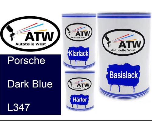 Porsche, Dark Blue, L347: 500ml Lackdose + 500ml Klarlack + 250ml Härter - Set, von ATW Autoteile West.